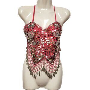 Pink Sequin Halter Crop Top Silver Sequin Backless Belly Dancing Tops NEW